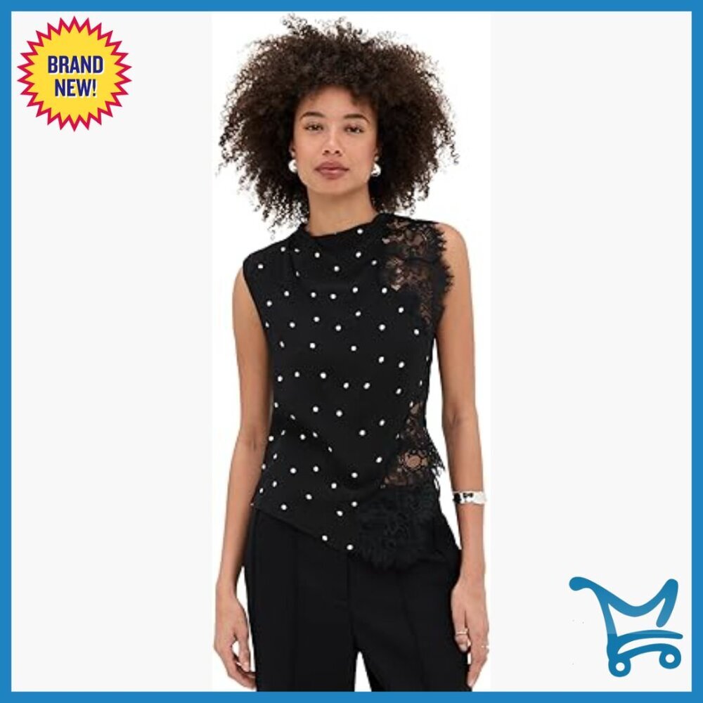 Sleeveless Lace Panel Polka Dot Top Lightweight Viscose Fitted